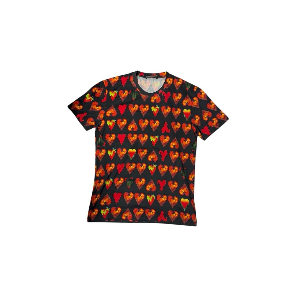 sz XSNEW $650 VERSACE Mens Black Cotton  HEART RUNWAY PRINT‎ Crew Neck T-SHIRT